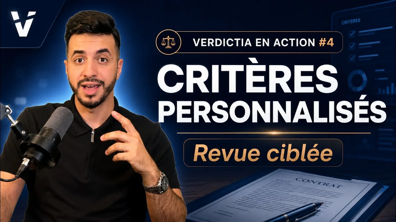 Miniature officielle YouTube pour Verdictia en action #4 — Créer un critère personnalisé de revue contractuelle